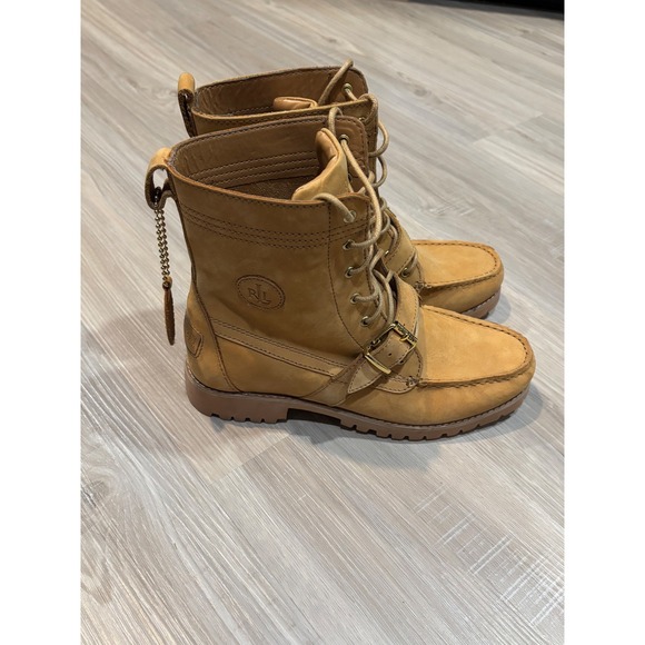 Lauren Ralph Lauren Shoes - Lauren Ralph Lauren Zera Leather Combat Boots Tan Wheat Buckle Moc Toe‎ 8.5B
